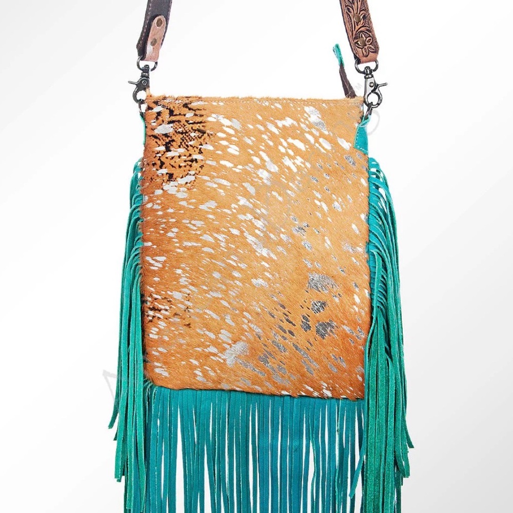 American Darling Turquoise Fringe Crossbody with Brown Speckled Leather